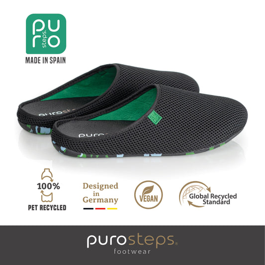 purosteps Casa-Eco-Signet Hausschuhe Slipper Pantoffel Fußbett Unisex Recycelt Schwarz Neon Grün