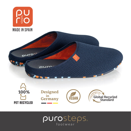 purosteps Casa-Eco-Signet Hausschuhe Slipper Pantoffel Fußbett Unisex Recycelt Dunkel Blau Orange