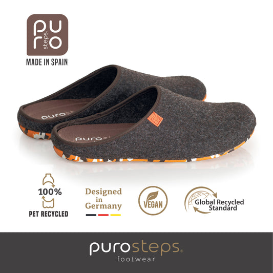 purosteps Fieltro-Eco-Signet Filz Hausschuhe Slipper Pantoffel Fußbett Unisex Recycelt Braun Orange