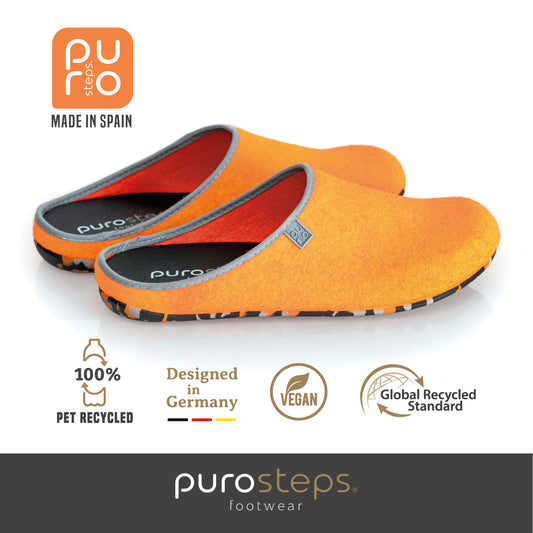 purosteps Fieltro-Eco-Signet Filz Hausschuhe Slipper Pantoffel Fußbett Unisex Recycelt Orange Grau
