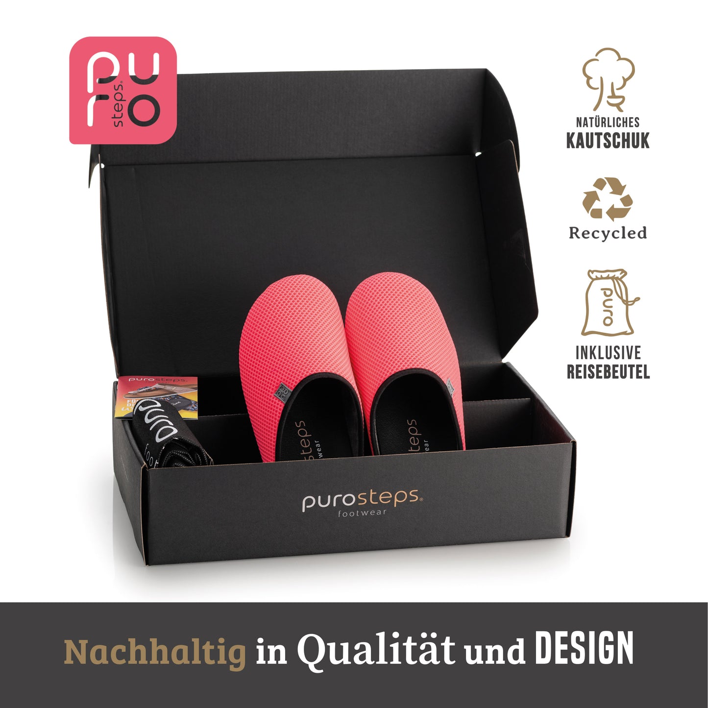 purosteps Casa-Eco-Signet Damen Hausschuhe Slipper Pantoffel Fußbett Pink-Schwarz