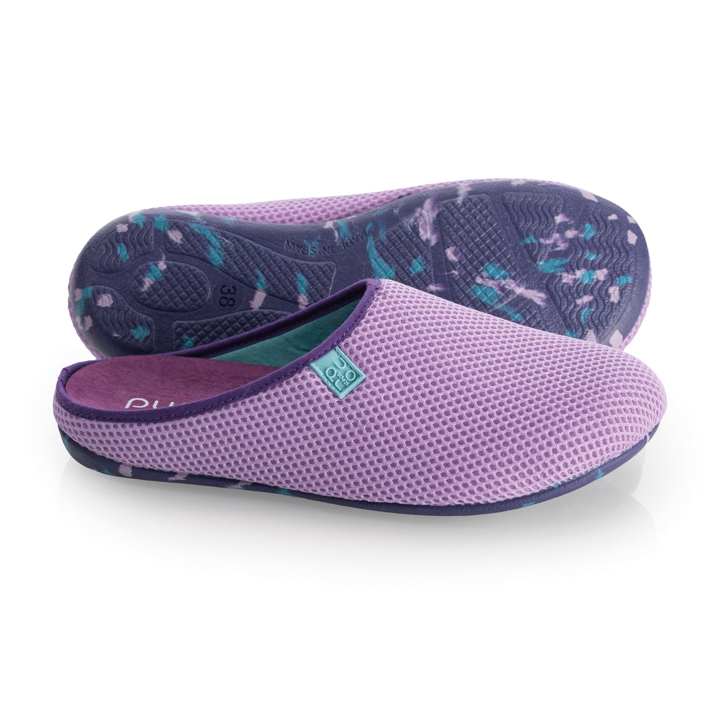 purosteps Casa-Eco-Signet Damen Hausschuhe Slipper Pantoffel Fußbett Violett-Türkis
