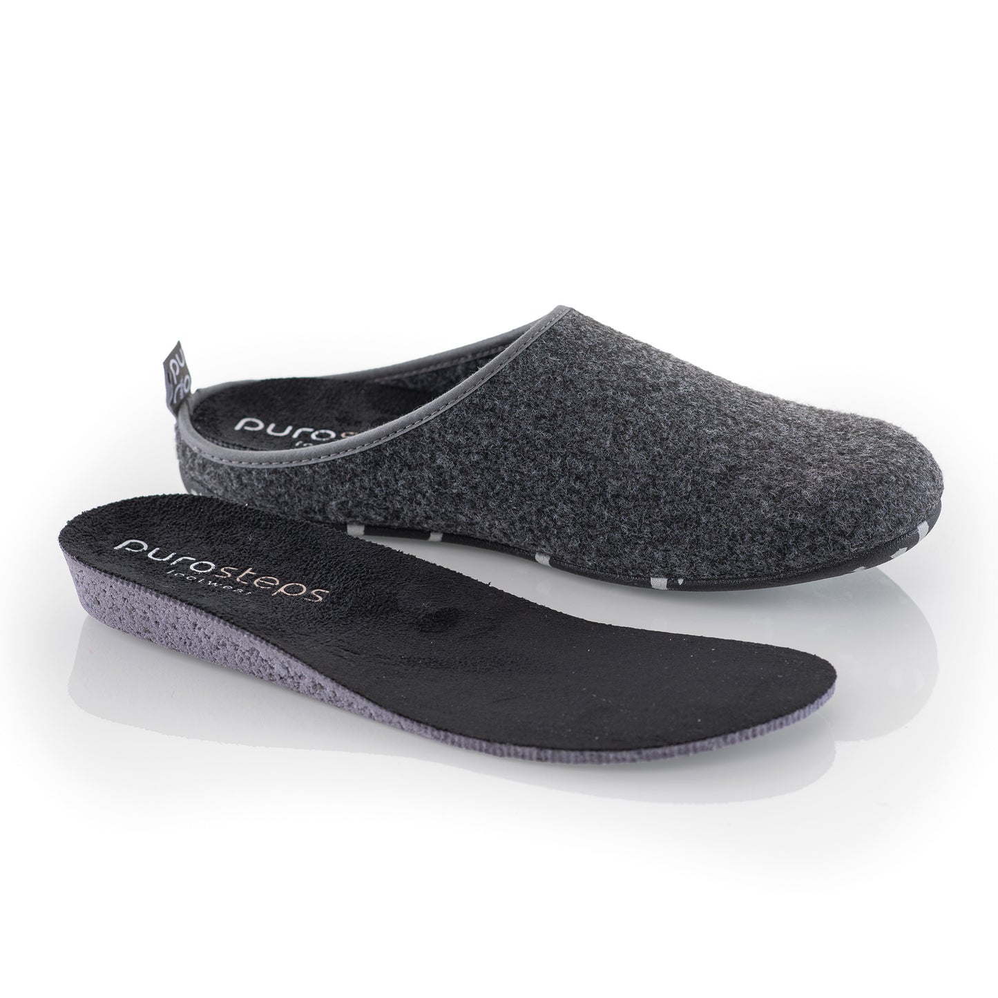 purosteps Fieltro-Eco Wollfilz Hausschuhe Slipper Pantoffel Fußbett Unisex Recycelt Grau Schwarz
