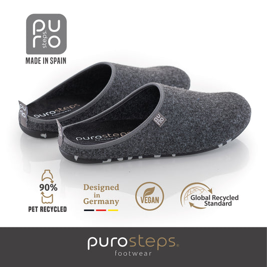 purosteps Fieltro-Eco Wollfilz Hausschuhe Slipper Pantoffel Fußbett Unisex Recycelt Grau Schwarz