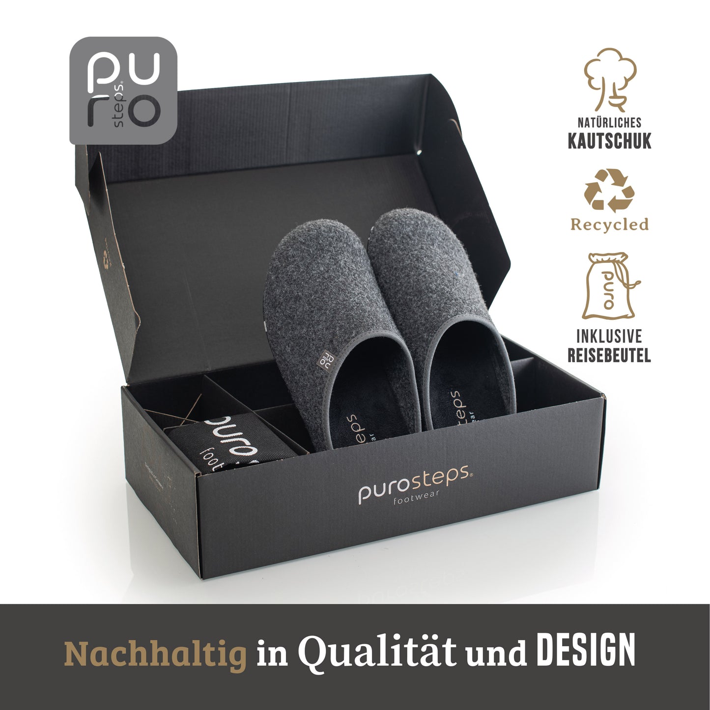 purosteps Fieltro-Eco Wollfilz Hausschuhe Slipper Pantoffel Fußbett Unisex Recycelt Grau Schwarz