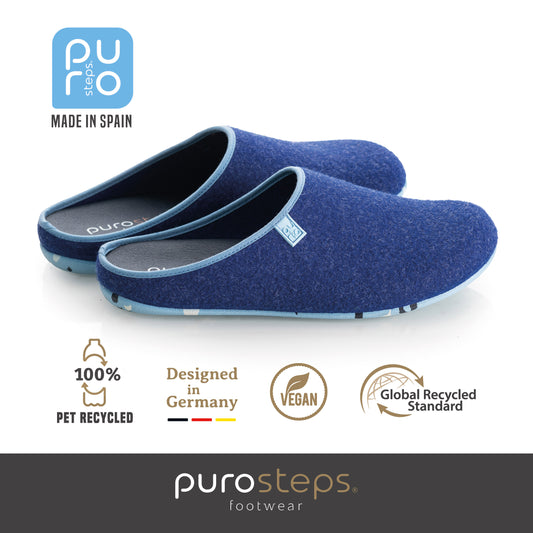 purosteps Fieltro-Eco-Signet Filz Hausschuhe Slipper Pantoffel Fußbett Unisex Recycelt Dunkelblau Hellblau