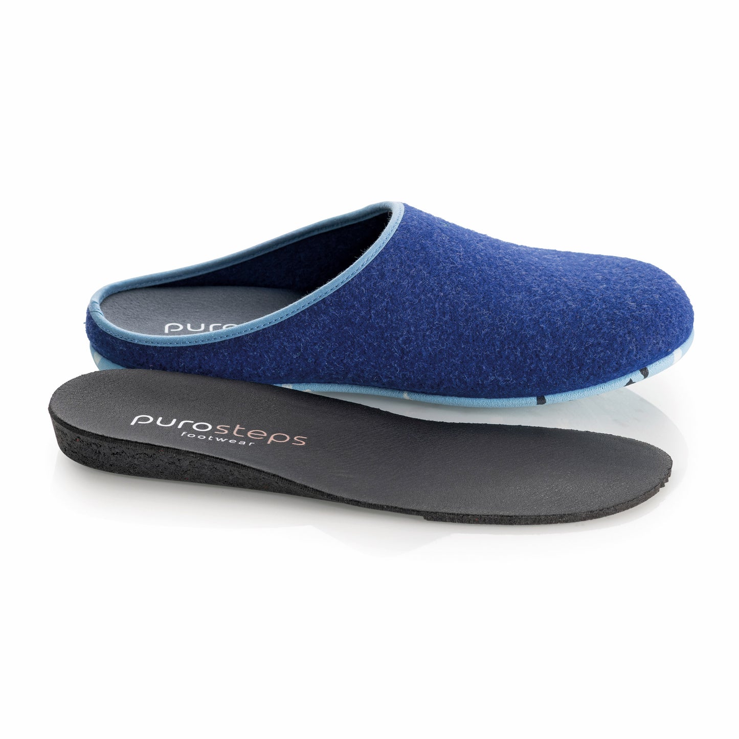 purosteps Fieltro-Eco-Signet Filz Hausschuhe Slipper Pantoffel Fußbett Unisex Recycelt Dunkelblau Hellblau