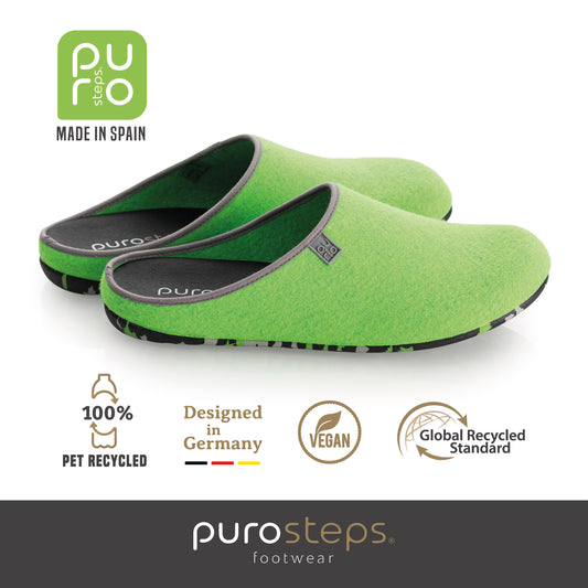 purosteps Fieltro-Eco-Signet Filz Hausschuhe Slipper Pantoffel Fußbett Unisex Recycelt Neon Grün Grau