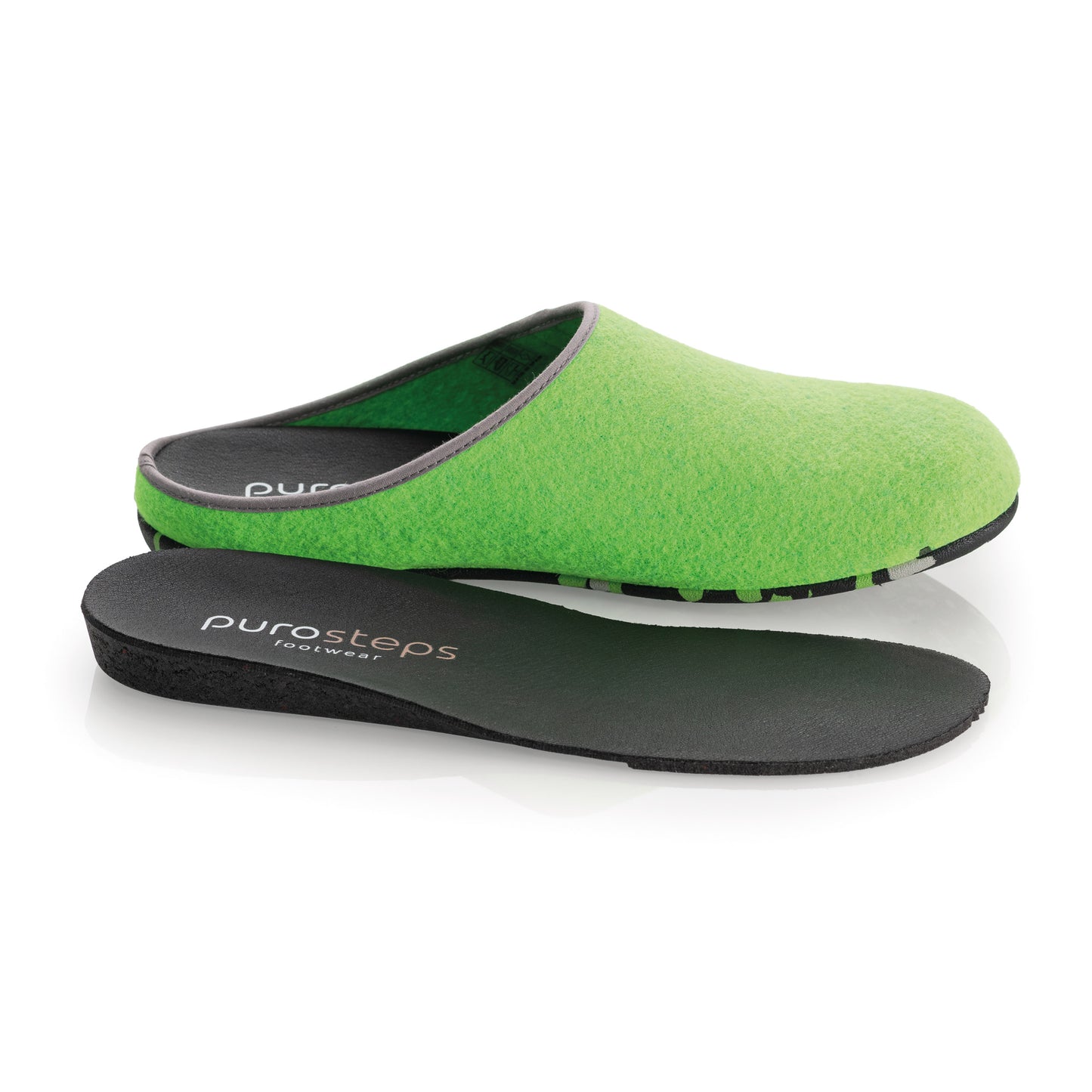 purosteps Fieltro-Eco-Signet Filz Hausschuhe Slipper Pantoffel Fußbett Unisex Recycelt Neon Grün Grau