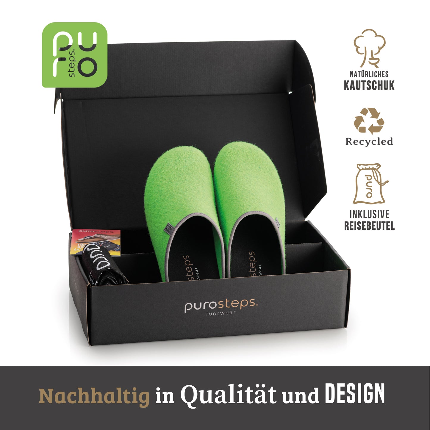purosteps Fieltro-Eco-Signet Filz Hausschuhe Slipper Pantoffel Fußbett Unisex Recycelt Neon Grün Grau
