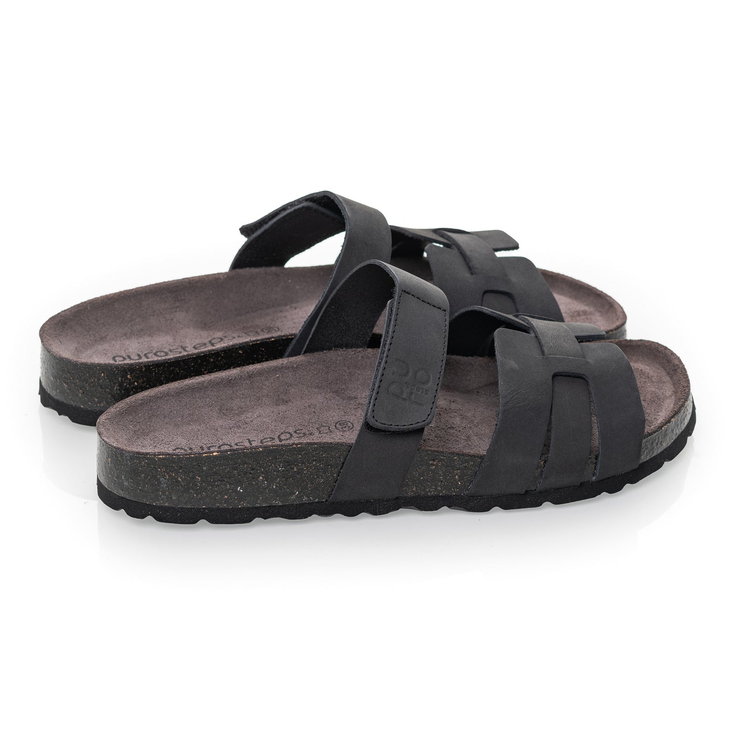 purosteps Huelva-Eco Damen Leder Kork Komfort Sandale schmale Weite Klett Schwarz