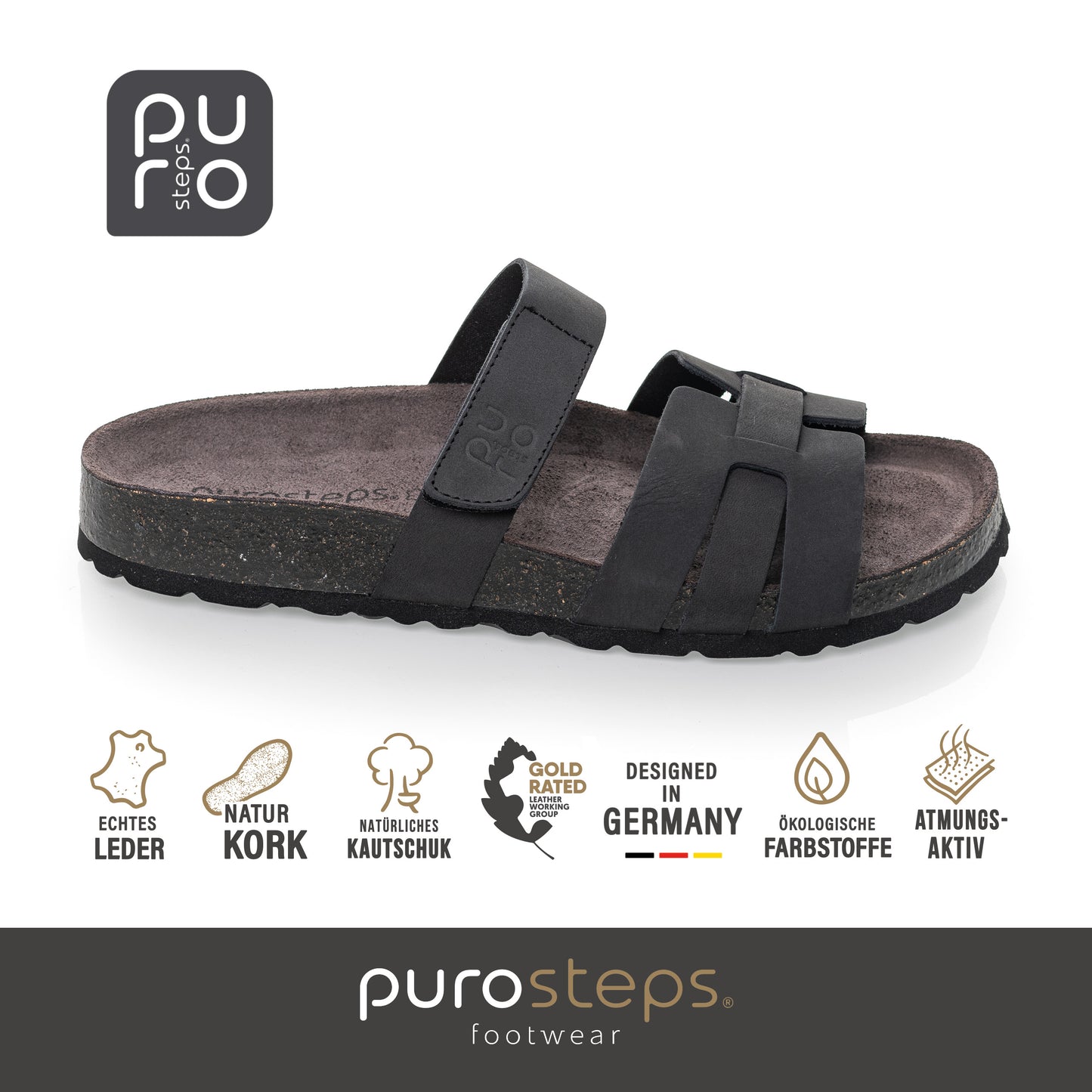 purosteps Huelva-Eco Damen Leder Kork Komfort Sandale schmale Weite Klett Schwarz