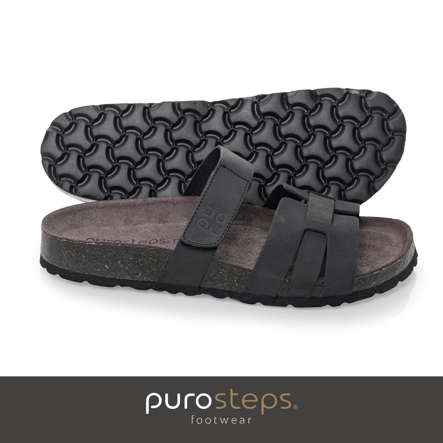 purosteps Huelva-Eco Damen Leder Kork Komfort Sandale schmale Weite Klett Schwarz