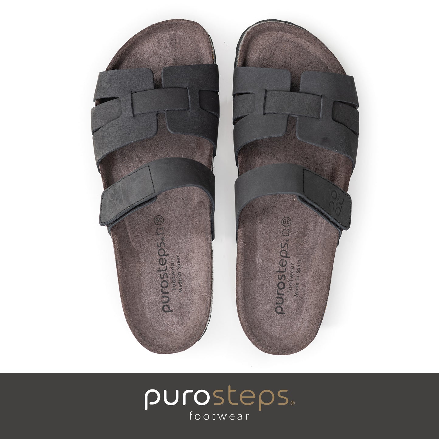 purosteps Huelva-Eco Damen Leder Kork Komfort Sandale schmale Weite Klett Schwarz