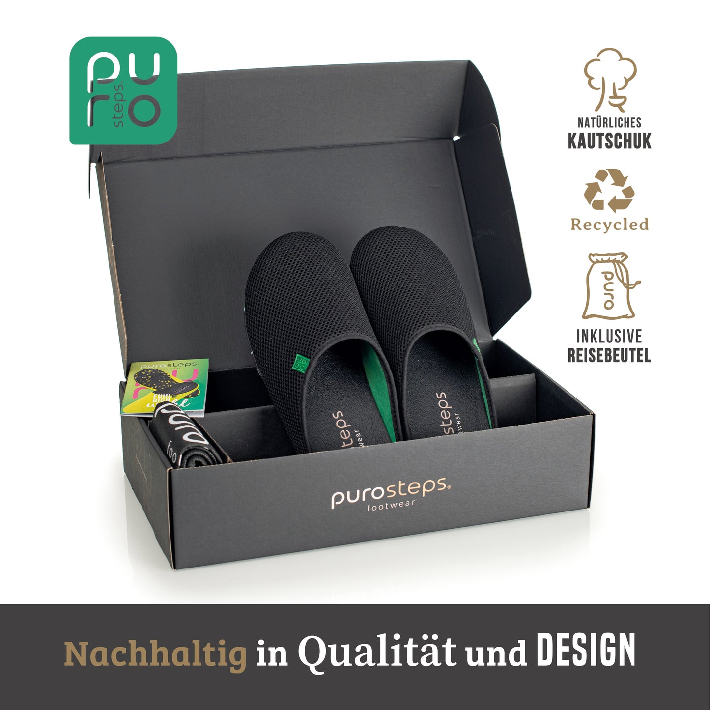 purosteps Casa-Eco-Signet Hausschuhe Slipper Pantoffel Fußbett Unisex Recycelt Schwarz Neon Grün