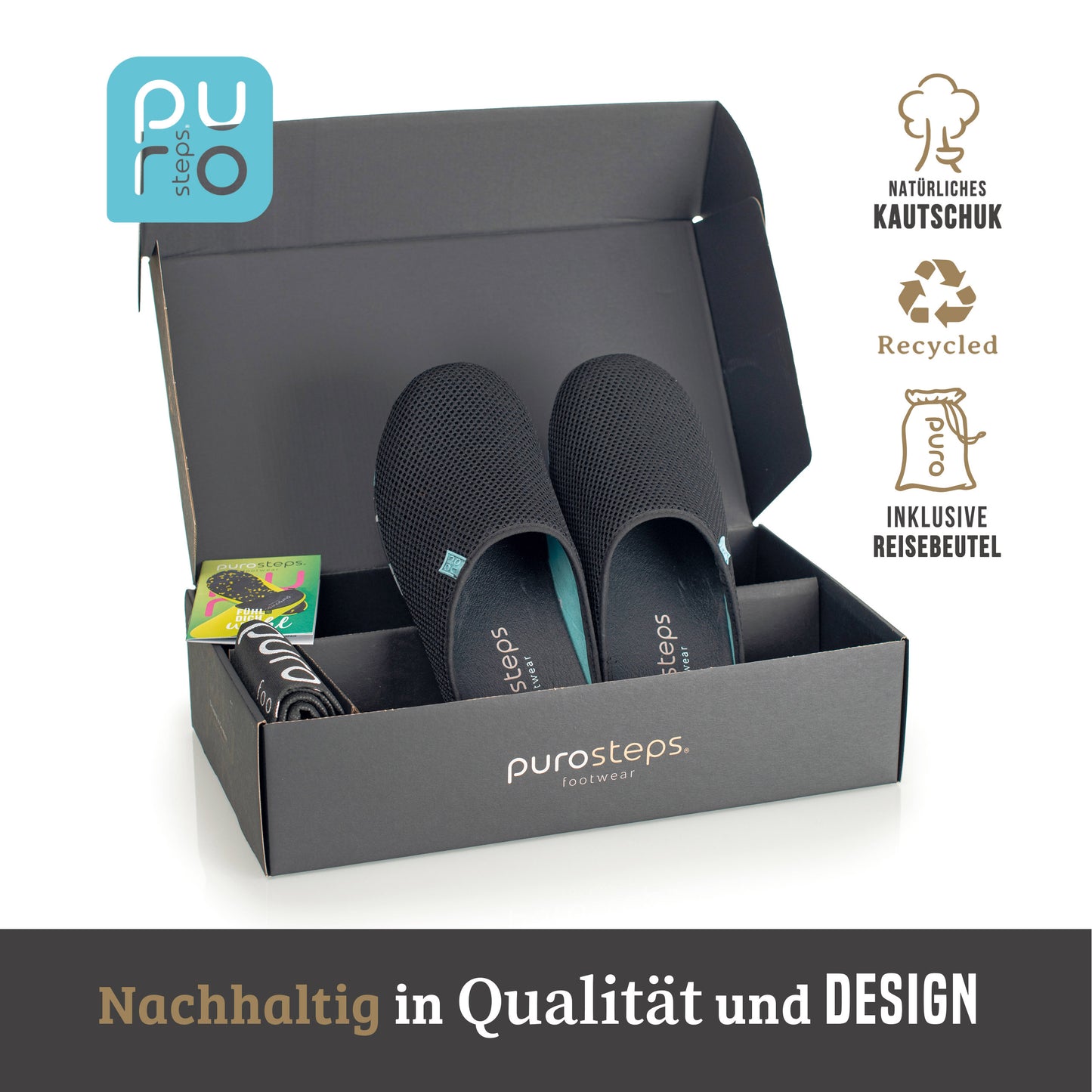 purosteps Casa-Eco-Signet Hausschuhe Slipper Pantoffel Fußbett Unisex Recycelt Schwarz Türkis