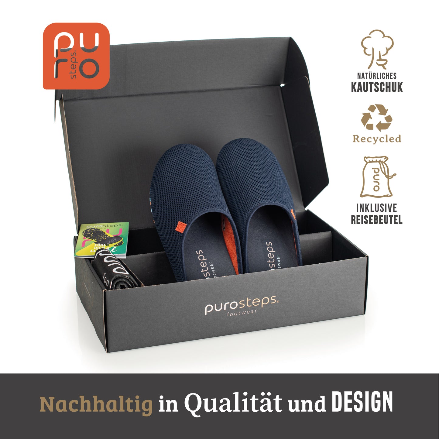purosteps Casa-Eco-Signet Hausschuhe Slipper Pantoffel Fußbett Unisex Recycelt Dunkel Blau Orange