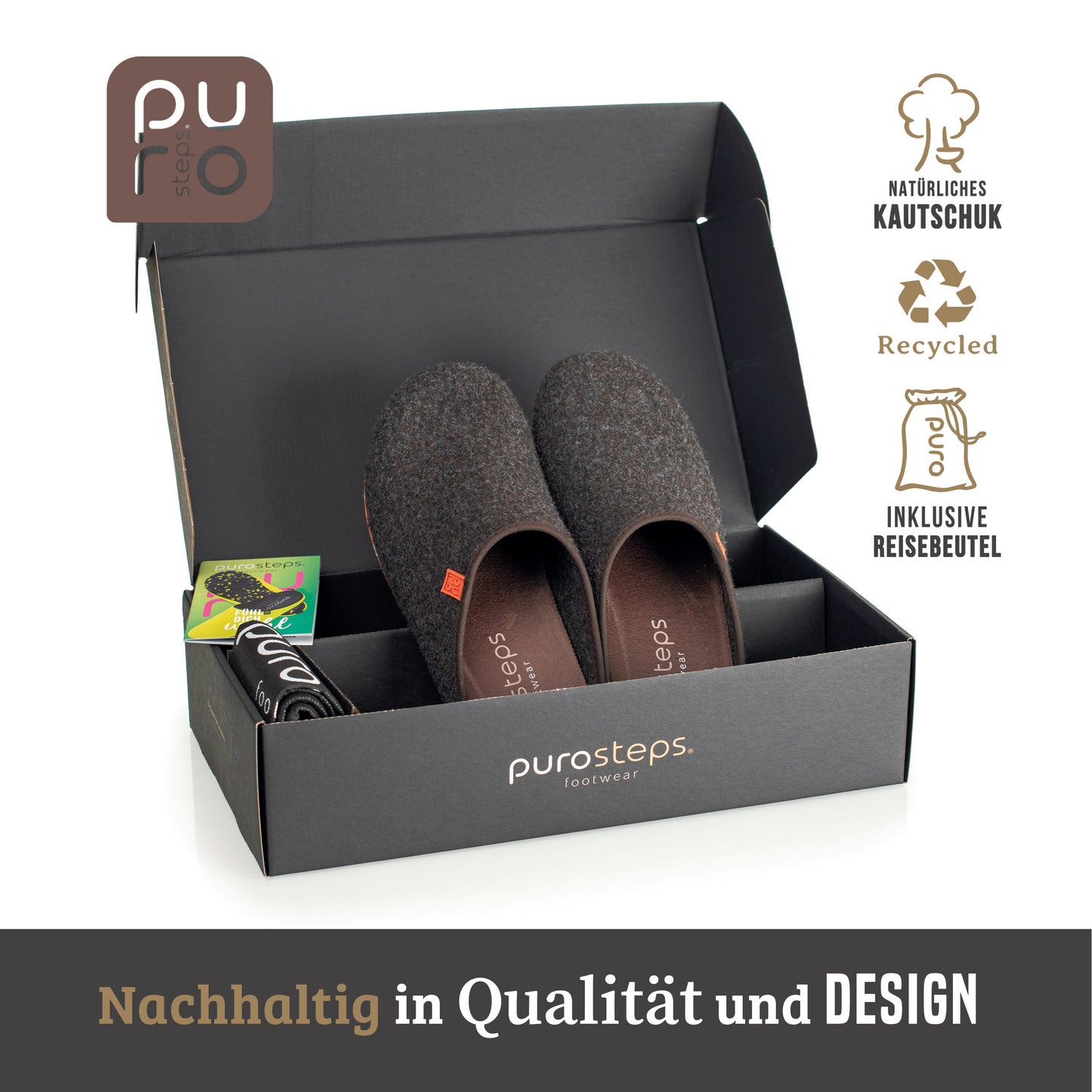 purosteps Fieltro-Eco-Signet Filz Hausschuhe Slipper Pantoffel Fußbett Unisex Recycelt Braun Orange