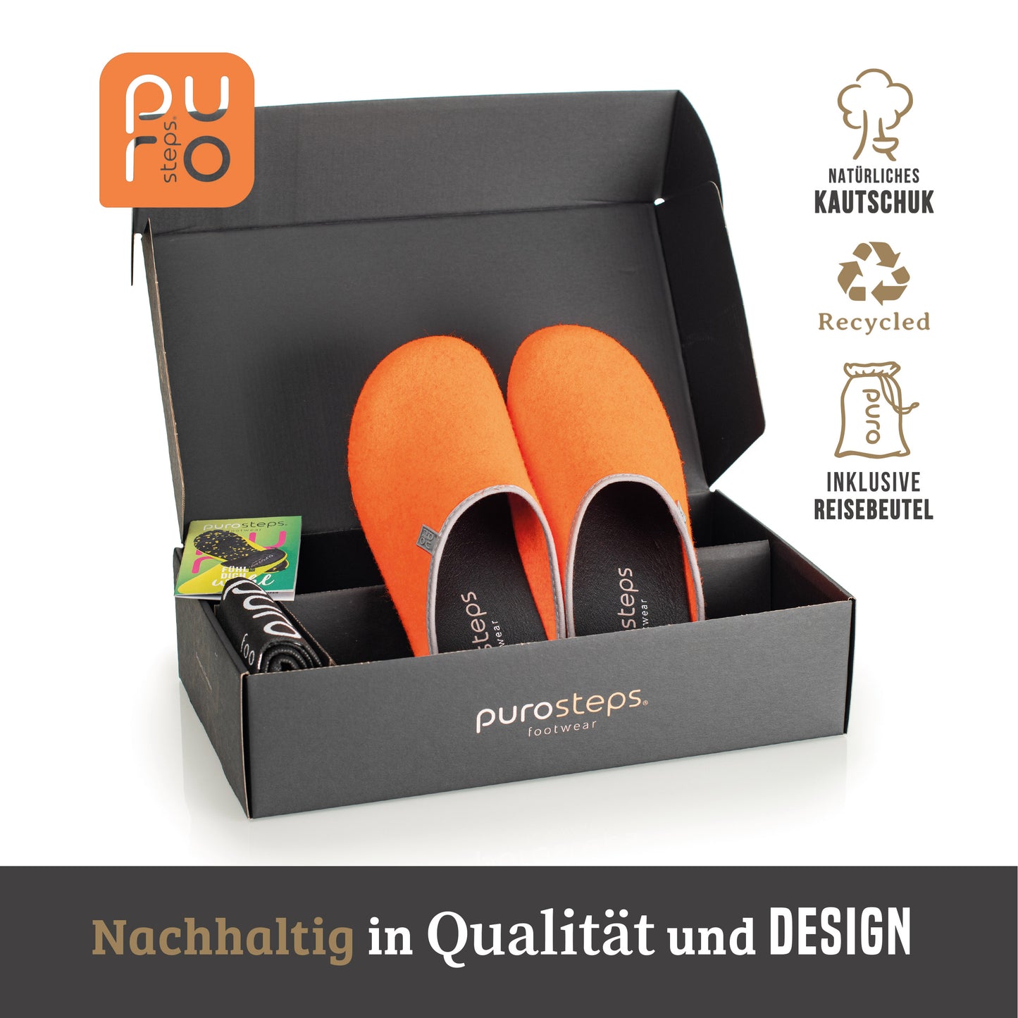 purosteps Fieltro-Eco-Signet Filz Hausschuhe Slipper Pantoffel Fußbett Unisex Recycelt Orange Grau