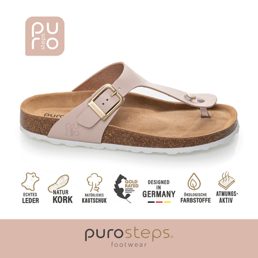 purosteps Marbella-Eco Damen Leder Kork Komfort Sandale F-Weite Zehentrenner pink