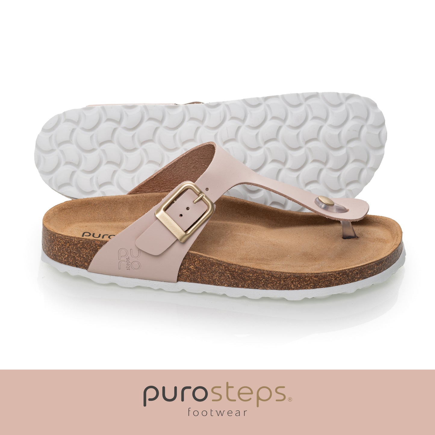 purosteps Marbella-Eco Damen Leder Kork Komfort Sandale F-Weite Zehentrenner pink