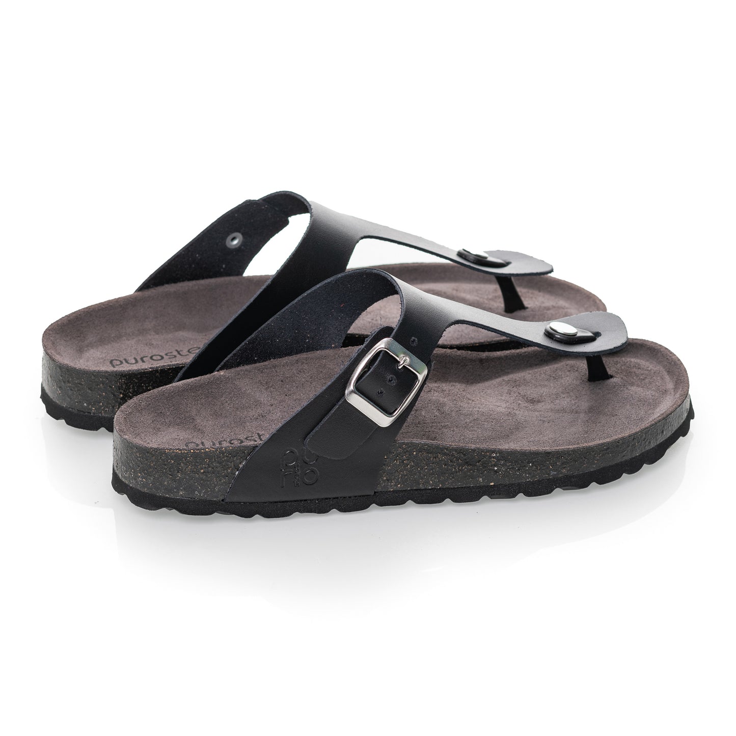 purosteps Marbella-Eco Damen Leder Kork Komfort Sandale Zehentrenner F-Weite schwarz grau