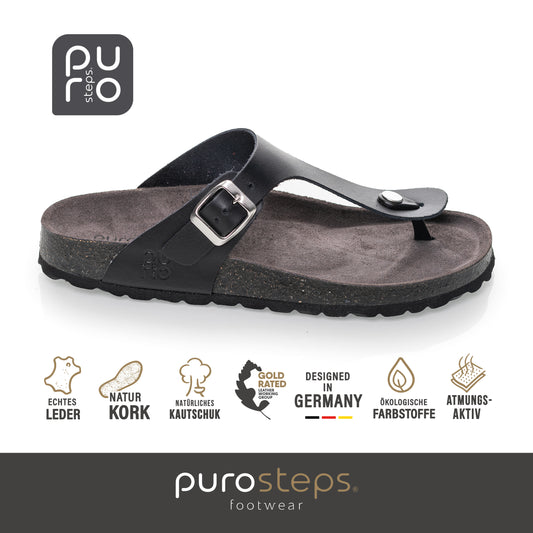 purosteps Marbella-Eco Damen Leder Kork Komfort Sandale Zehentrenner F-Weite schwarz grau