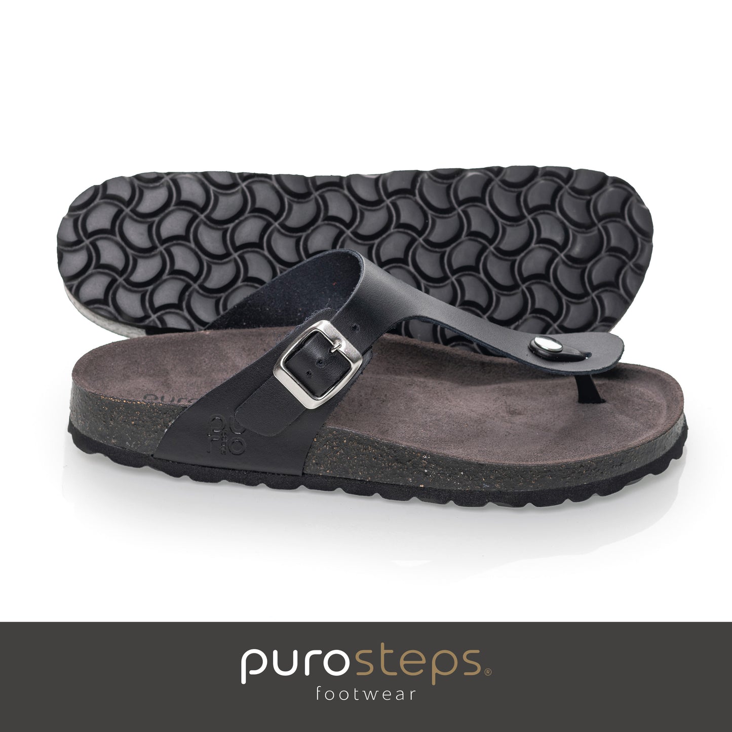 purosteps Marbella-Eco Damen Leder Kork Komfort Sandale Zehentrenner F-Weite schwarz grau
