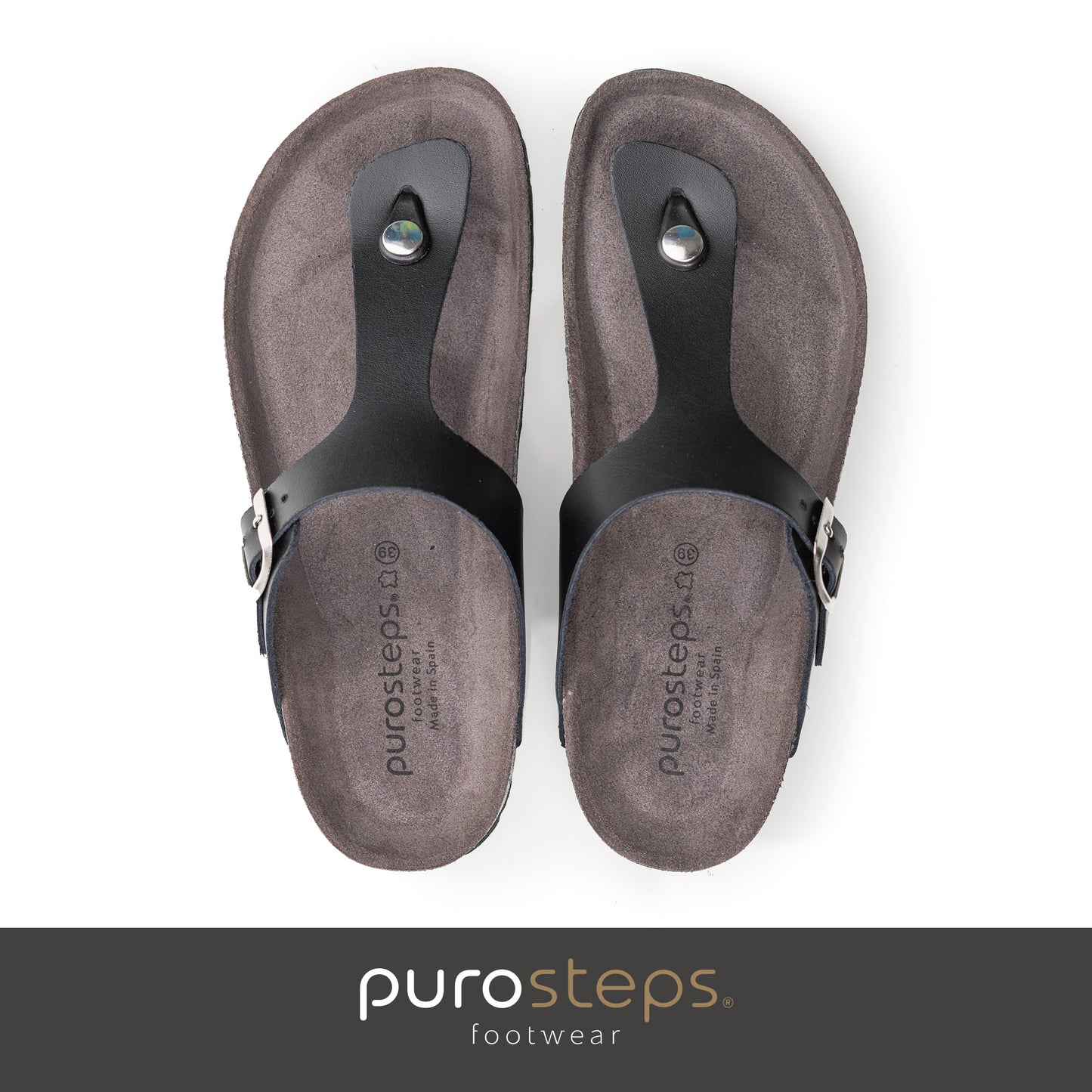 purosteps Marbella-Eco Damen Leder Kork Komfort Sandale Zehentrenner F-Weite schwarz grau