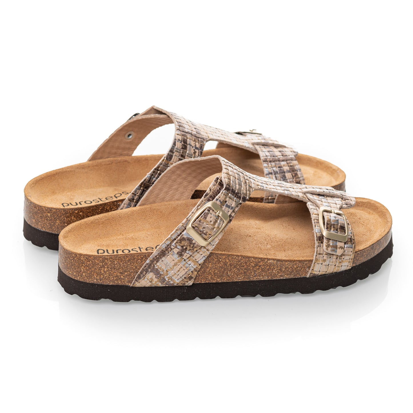 purosteps Merida-Eco Damen Leder Kork Komfort Sandale Schnalle F-Weite Metallic Braun