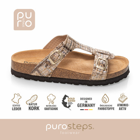 purosteps Merida-Eco Damen Leder Kork Komfort Sandale Schnalle F-Weite Metallic Braun