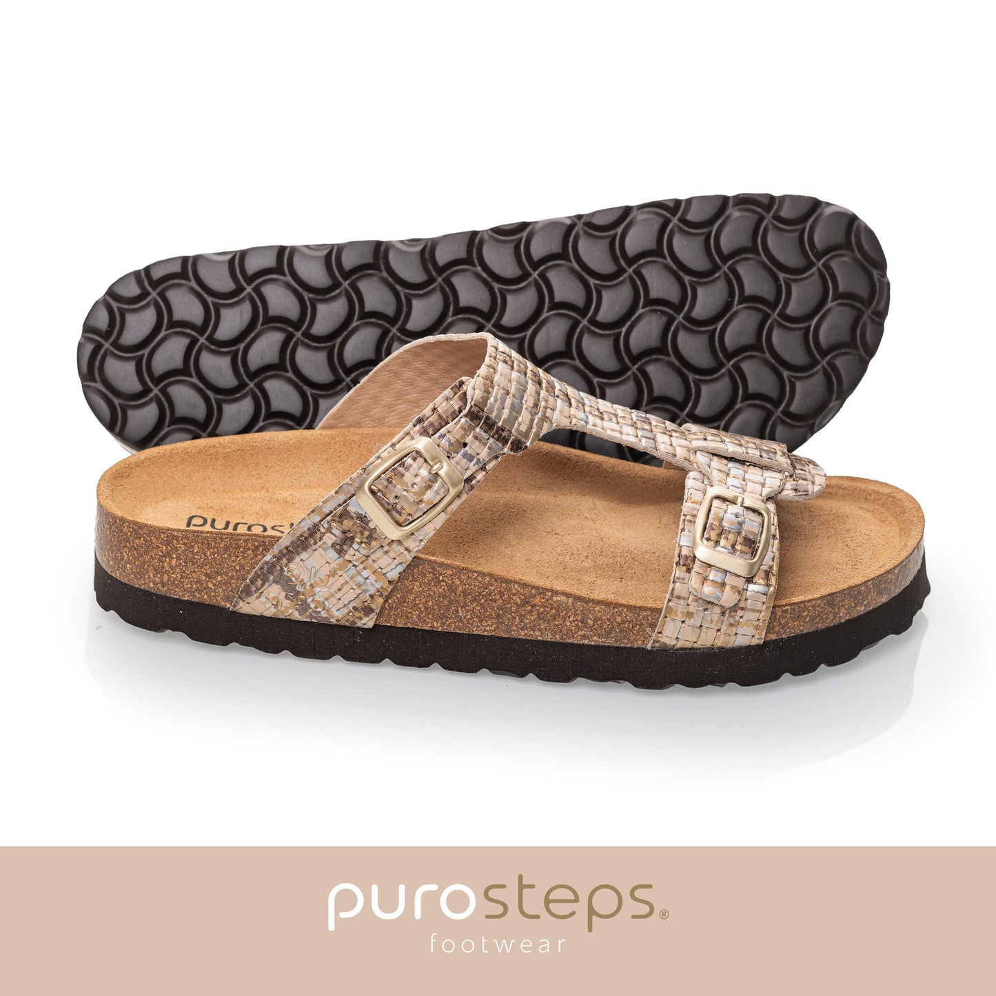 purosteps Merida-Eco Damen Leder Kork Komfort Sandale Schnalle F-Weite Metallic Braun