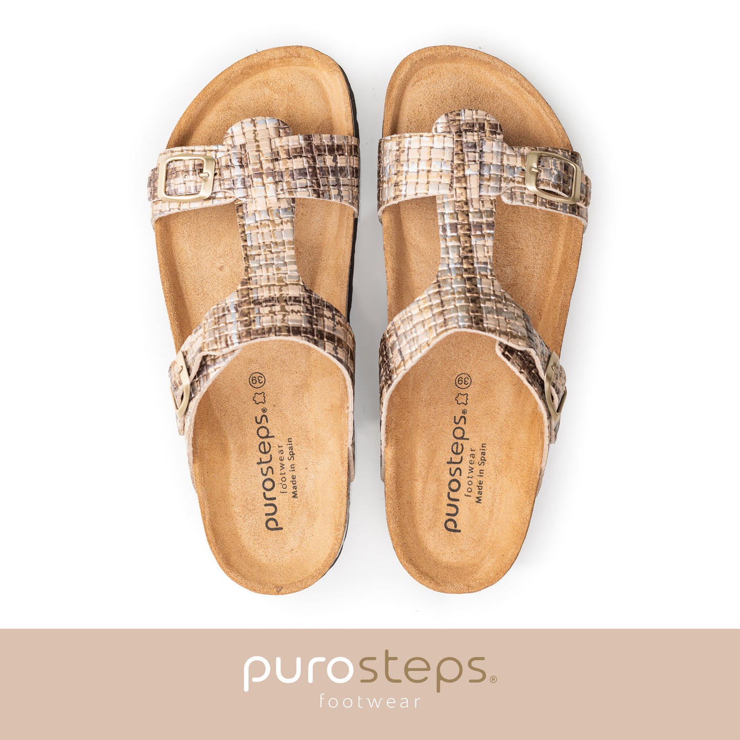 purosteps Merida-Eco Damen Leder Kork Komfort Sandale Schnalle F-Weite Metallic Braun