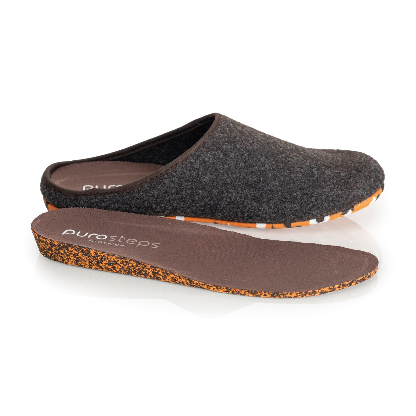purosteps Fieltro-Eco-Signet Filz Hausschuhe Slipper Pantoffel Fußbett Unisex Recycelt Braun Orange