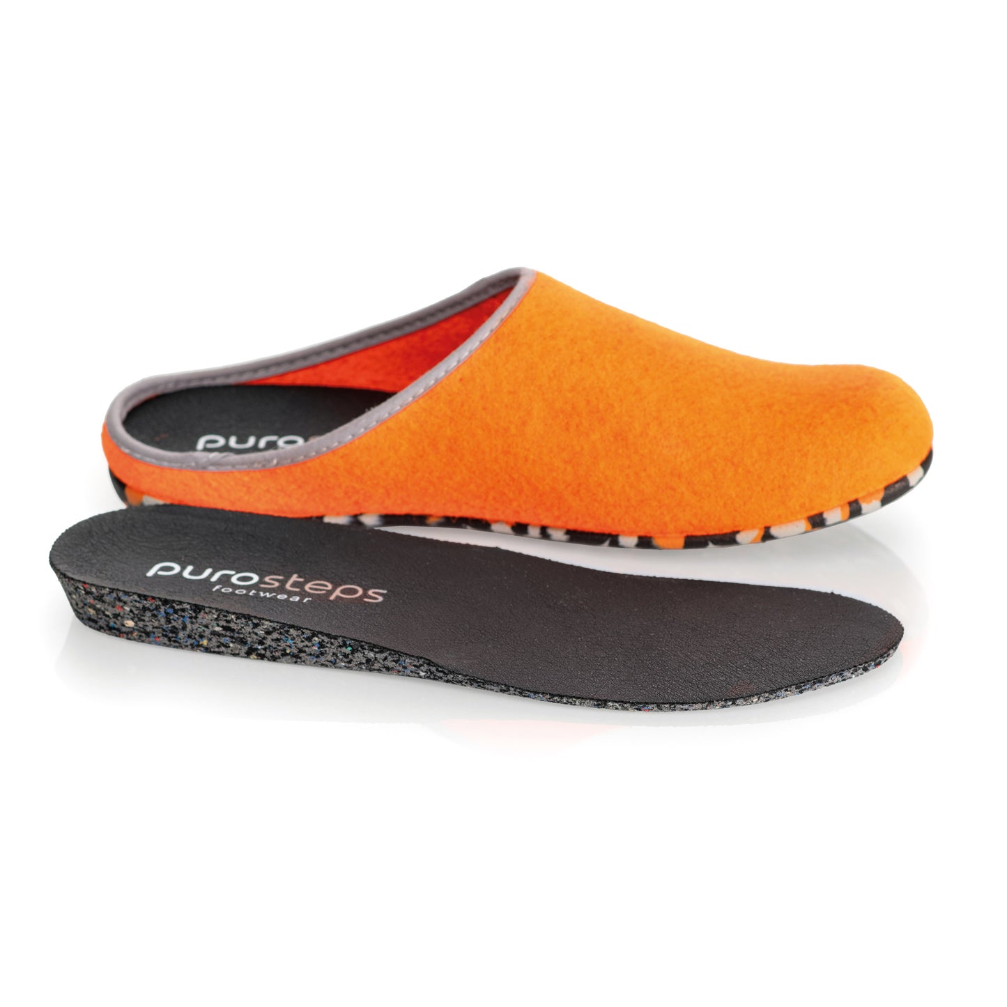 purosteps Fieltro-Eco-Signet Filz Hausschuhe Slipper Pantoffel Fußbett Unisex Recycelt Orange Grau