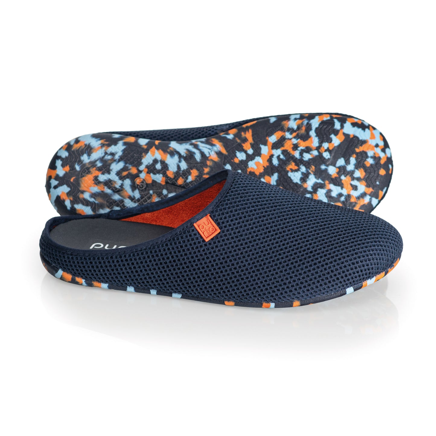 purosteps Casa-Eco-Signet Hausschuhe Slipper Pantoffel Fußbett Unisex Recycelt Dunkel Blau Orange