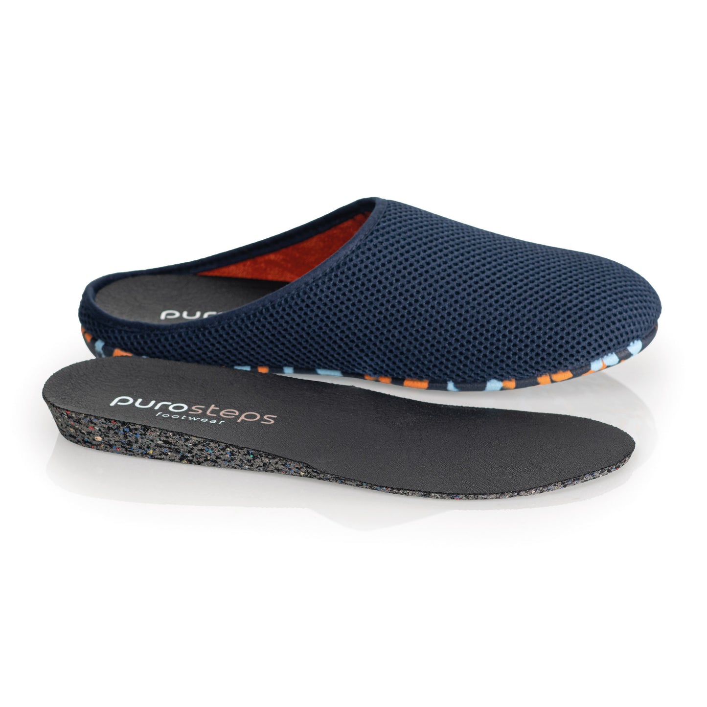 purosteps Casa-Eco-Signet Hausschuhe Slipper Pantoffel Fußbett Unisex Recycelt Dunkel Blau Orange