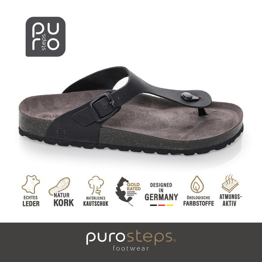 purosteps Toledo-Eco Herren Leder Kork Komfort Sandale Zehentrenner schwarz grau
