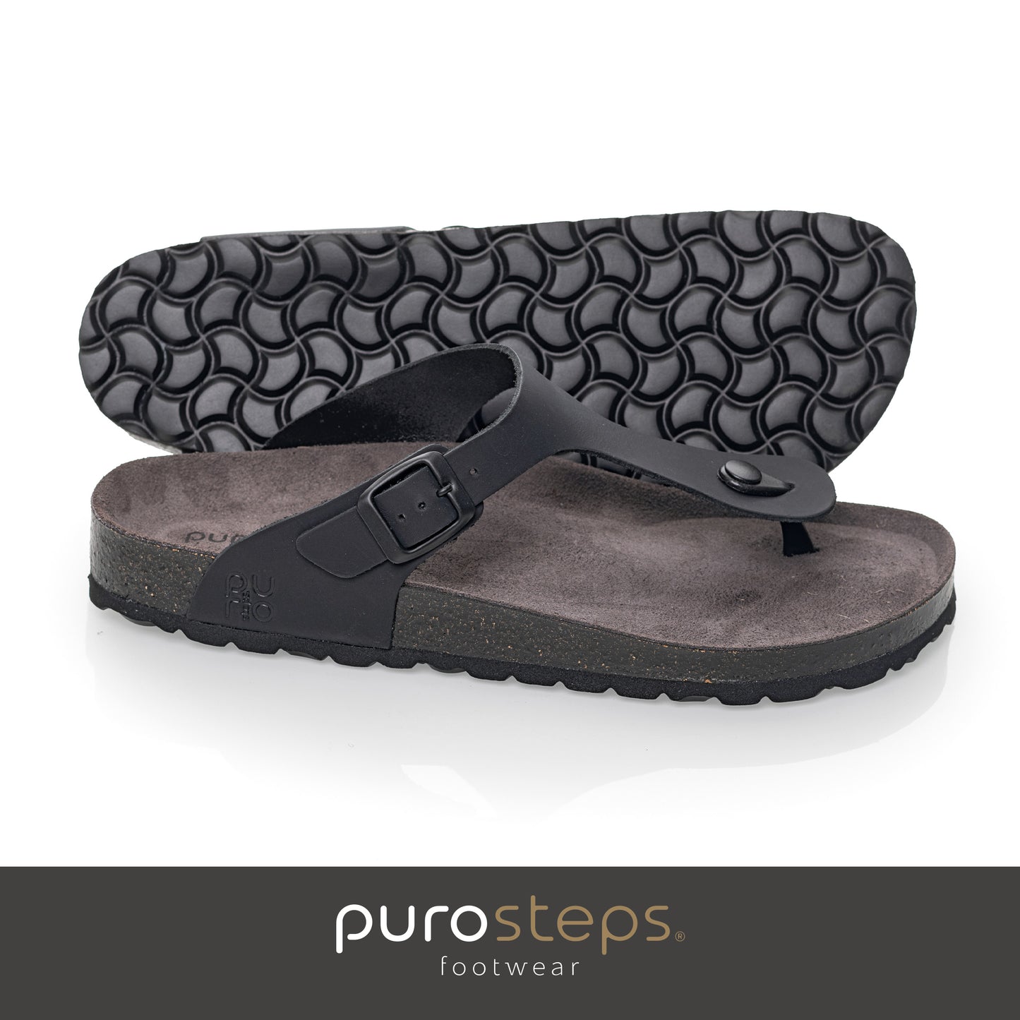 purosteps Toledo-Eco Herren Leder Kork Komfort Sandale Zehentrenner schwarz grau