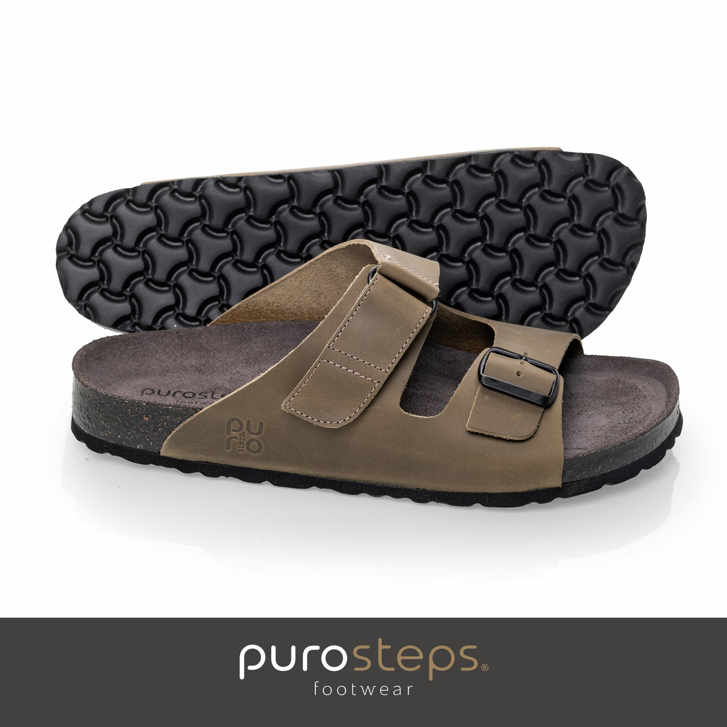 purosteps Vigo-Eco Herren Leder Kork Komfort Sandale Schnalle Klett grau grün