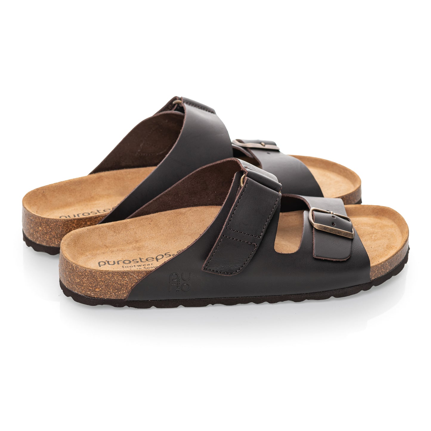 purosteps Vigo-Eco Herren Leder Kork Komfort Sandale Schnalle Klett mokka braun