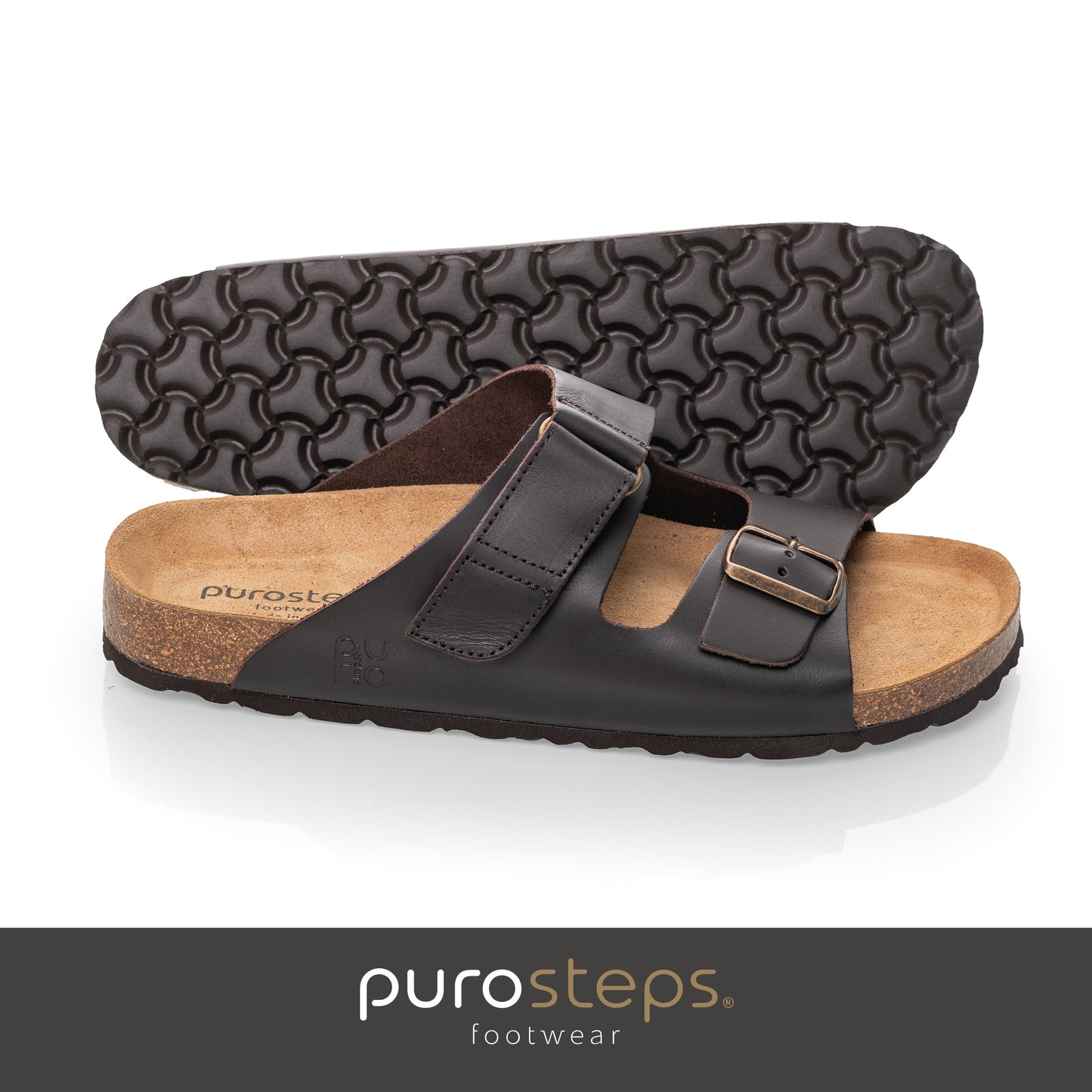 purosteps Vigo-Eco Herren Leder Kork Komfort Sandale Schnalle Klett mokka braun