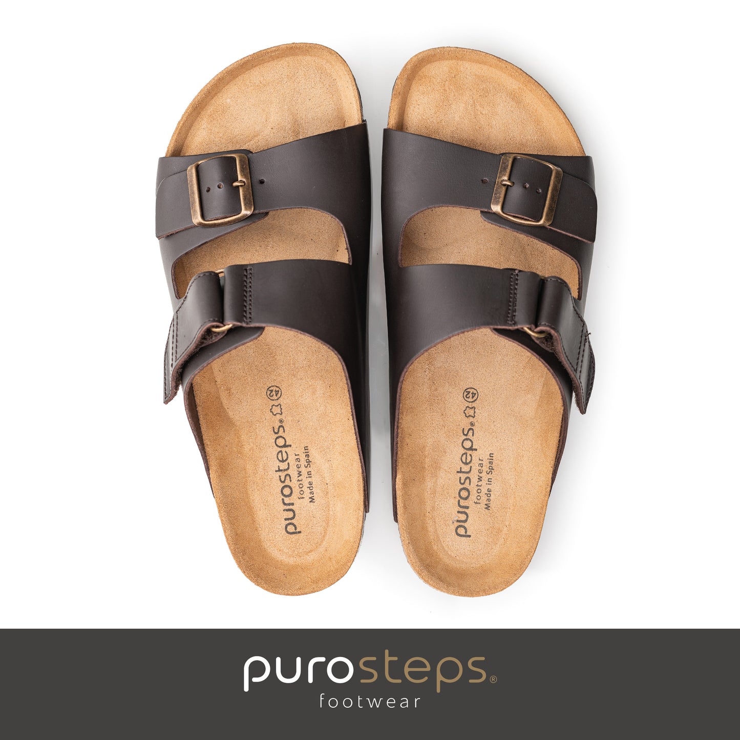 purosteps Vigo-Eco Herren Leder Kork Komfort Sandale Schnalle Klett mokka braun