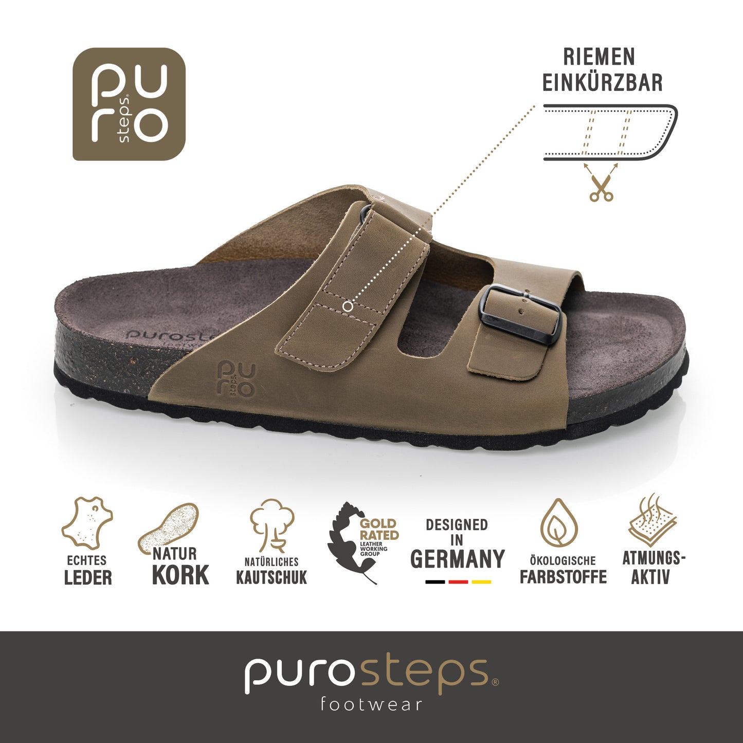 purosteps Vigo-Eco Herren Leder Kork Komfort Sandale Schnalle Klett grau grün