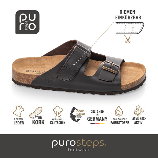 purosteps Vigo-Eco Herren Leder Kork Komfort Sandale Schnalle Klett mokka braun