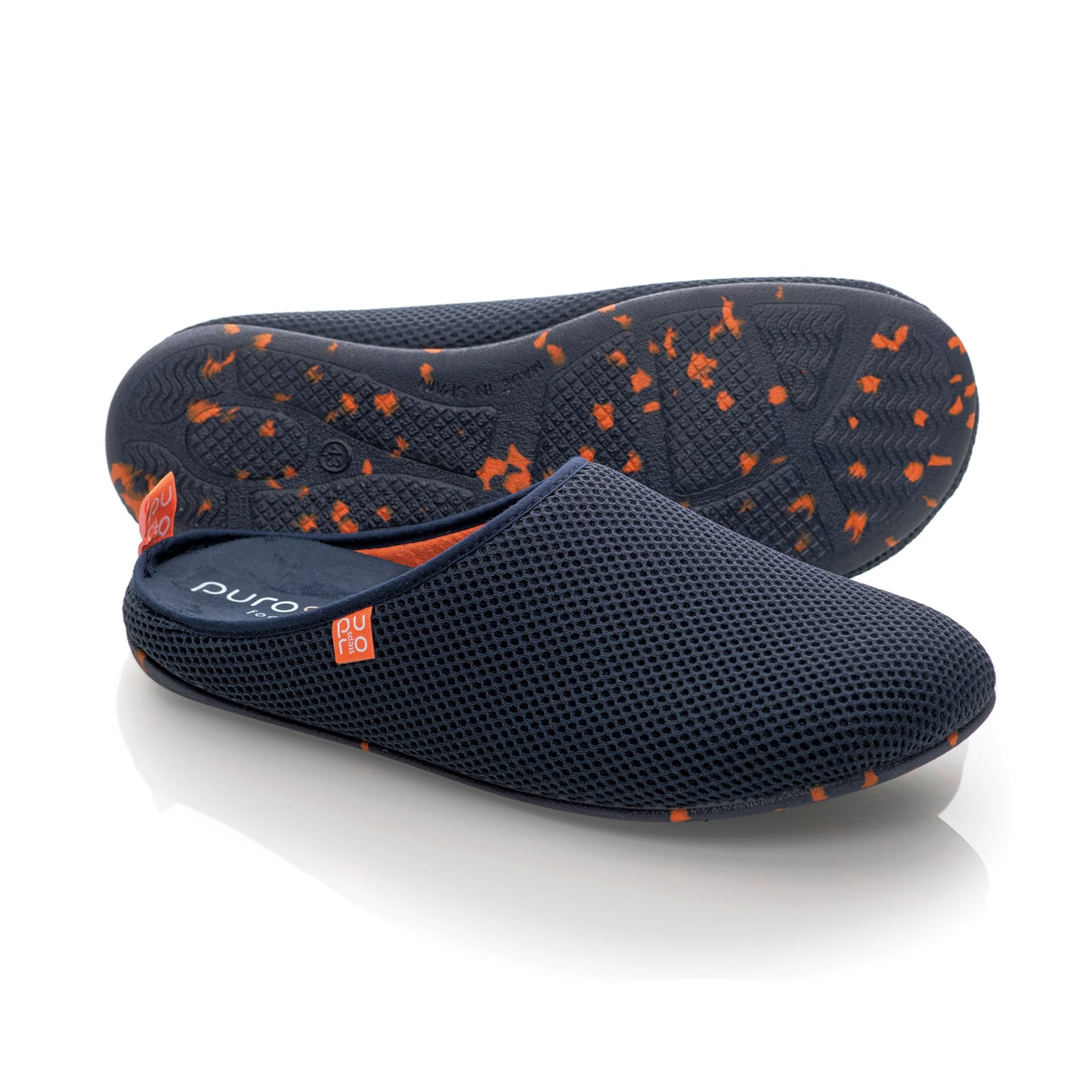 purosteps Casa-Eco Hausschuhe Slipper Pantoffel Fußbett Unisex Recycelt Dunkel Blau Orange