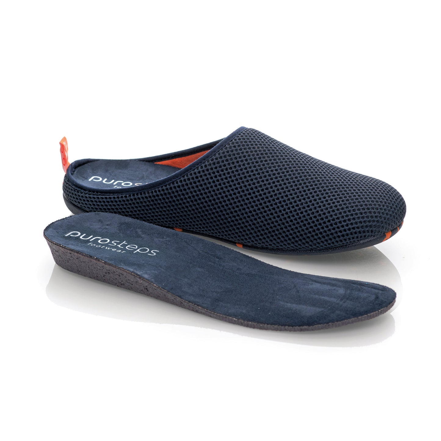 purosteps Casa-Eco Hausschuhe Slipper Pantoffel Fußbett Unisex Recycelt Dunkel Blau Orange