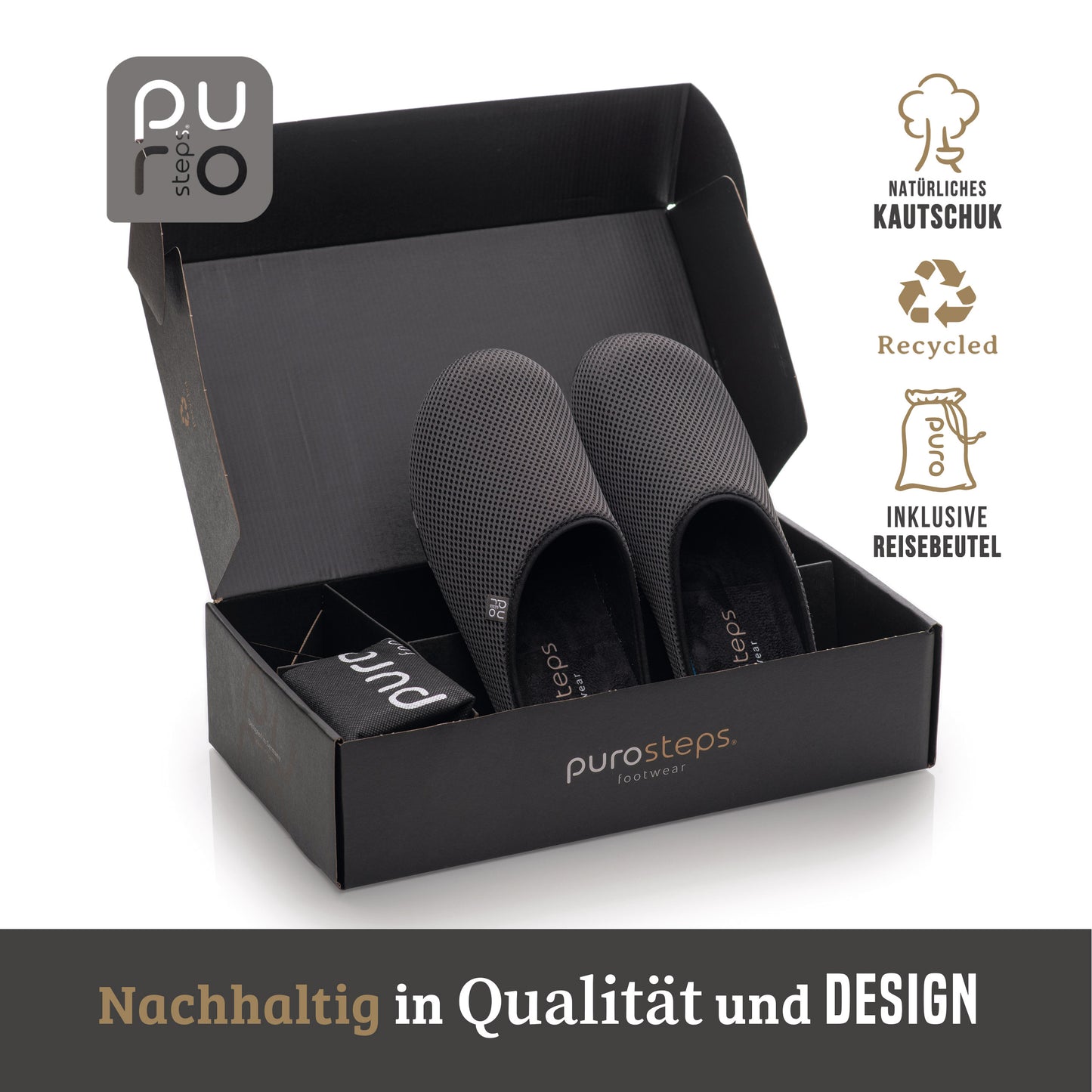 purosteps Casa-Eco Hausschuhe Slipper Pantoffel Fußbett Unisex Recycelt Grau Schwarz