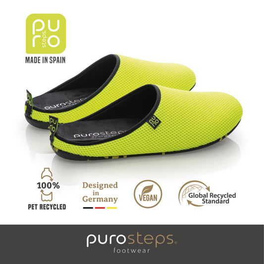 purosteps Casa-Eco Hausschuhe Slipper Pantoffel Fußbett Unisex Recycelt Neon Gelb Schwarz