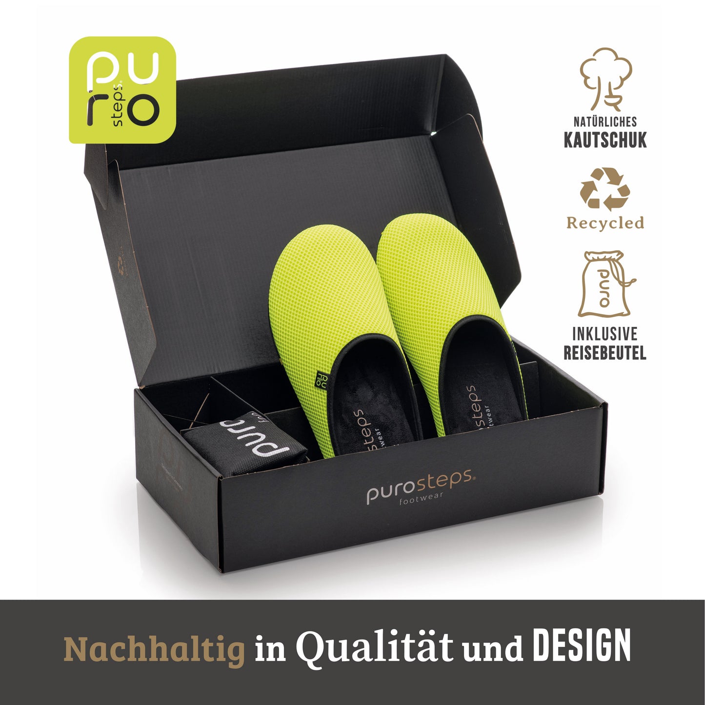 purosteps Casa-Eco Hausschuhe Slipper Pantoffel Fußbett Unisex Recycelt Neon Gelb Schwarz
